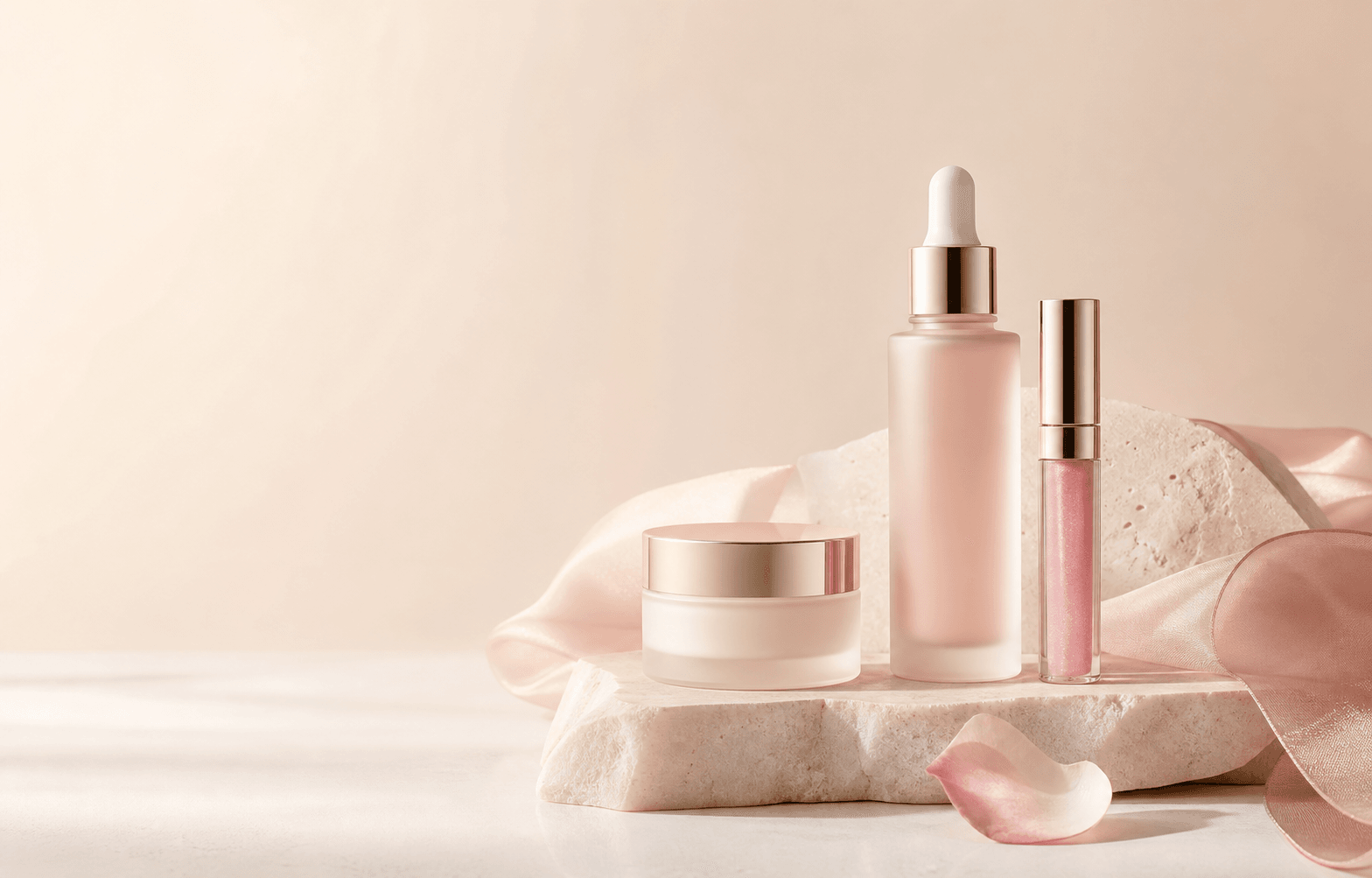 Curated rose and ivory beauty essentials arranged on sculptural stone